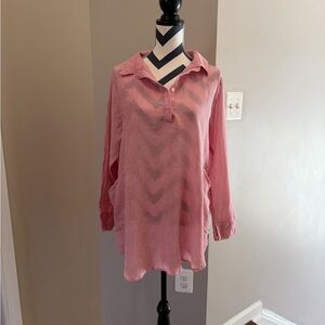 NWT Red & White Striped Long-Sleeve Collared Tunic Top